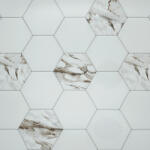  Konyhai hátfal, konyhapanel ütésálló és hőálló ABS anyagból, 295x60 cm - fotó minőségű, UV nyomtatott - Márványos hatszög csempe (TP10030528)