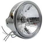 Avoc Ø200 motorkerékpár fényszóró, sima tükör Ø180 mm, H4 60/55W + helyzetjelző, króm, acélház, CE minősítés Avoc Elektronika Világítások Fényszórók