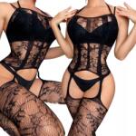  Érzéki Bodystocking Fűző Csíkokkal és Harisnyával Csipke Minta Fekete (W491-CZ)