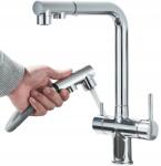 CHDE Háromutas Konyhai Csaptelep Kihúzható Kifolyócsővel Konyhai Szűrő Króm (BATERIA KUCHENNA TRÓJDROŻNA)