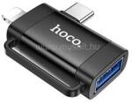 hoco. UA31F adapter 2in1 USB aljzat - Type-C/lightning, adatátvitel és töltés, FEKETE (HOCO_UA31F_B) (HOCO_UA31F_B)