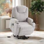  Felállást segítő relax elektromos fotelágy motoros mechanizmus szövet bézs, pohártartóval, masszázzsal, fűtéssel