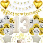  Dekoráció Szett 13 Születésnap Fehér-Arany Lufik Banner Konfetti Torta