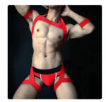  CLEVER-MENMODE Férfi kötőfék , hám rugalmas test mellkasi heveder Szexi Bondage fehérnemű karszalagos vállpánttal, lábgyűrűs jelmez