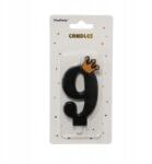 PartyPal Fekete gyertya arany koronával 9-es szám, mérete 10 cm