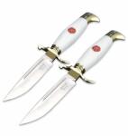 Depox Set de doua cutite de vanatoare, teaca din piele naturala, lama 440C, maner acrilic full tang, 26 cm, alb (0302)