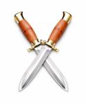Depox Set doua cutite de vanatoare, teaca din piele naturala, lama 440C, maner lemn, 26 cm, maro (0298)