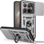 Ott! Mobile Xiaomi 15T Pro, Ott! Camshield Armor Pro telefontok, Műanyag, Szilikon betétes, Ütésálló, Beépített fémlap, Ujjgyűrű, Kameravédő, Ezüst