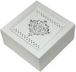  Hófehér színű fa teadoboz 4 rekeszes, díszes faragással - 18 cm