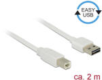 Delock Kábel, EASY-USB 2.0-s A-típusú csatlakozódugó > USB 2.0-s B-típusú csatlakozódugó, 2 m, fehér (83687) - flylite