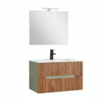 Leziter Trent Mobilier de baie 80 cm lavoar ceramic (2 sertare) cu oglindă 60x80 cm stejar verde-oliv-sunset (TRENT80ZSST)