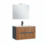 Leziter Trent Mobilier de baie 80 cm lavoar ceramic (2 sertare) cu oglindă 60x80 cm gri antracit - stejar apus de soare (TRENT80ANTSZSST)