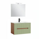 Leziter Trent Mobilier de baie 80 cm lavoar ceramic (2 sertare) cu oglindă 60x80 cm stejar sunset-verde fistic (TRENT80SSTVZ)