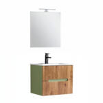 Leziter Trent mobilier de baie 60 cm chiuvetă ceramică (2 sertare) cu oglindă 60x80 cm verde fistic - stejar apus de soare (TRENT60VZSST)