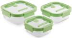 Lékué Square Glass Containers négyzetes üvegedény készlet, 3db - 1, 1L/0, 8L/0, 52L, egymásra tehető, légmentesen zárodó fedéllel, gőzkieresztő szeleppel, zöld - 884047 (LK884047)