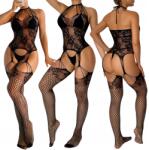 UniGirl Fekete Bodystocking Necc nagy kivágásokkal és nyitott lépésekkel (w705)