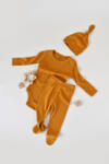 BabyCosy Set 3 piese: body cu maneca lunga, pantaloni lungi cu botosei si caciulita din bumbac organic si modal - Mustar, BabyCosy (Marime: 3-6 Luni) (BC-CSYM23500-3)