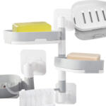 VERK GROUP Vízálló fali szappantartó és kéztörlő tartó, fehér-szürke színben, erős tapadókoronggal (27012)