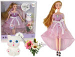 LEAN Toys Emily hosszú hajú, fehér macskás babaszett (13915)