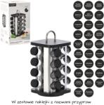 BackHomeLiving Négyzet alakú forgatható fűszertartó állvány, 16, 5 x 16, 5 x 33, 5 cm, fogantyúval, 16 üvegcsével, fekete-ezüst színben (NIW9165)