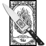 Satake Satoru Gyuto Japán rozsdamentes szakácskés 59 HRC, 21 cm, laminált markolat, ŐSELEM - TŰZ - lézergravír mintázat (802-789-elem-tuz)