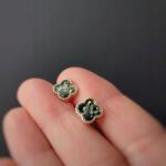  Ezüst Szív alakú, négylevelű lóhere fülbevaló borostyánnal, zöld lóhere