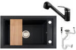 NERO Gránit Mosogató Nero Panama + Kihúzható Shower Csaptelep + Vágódeszka + Dugókiemelő Szemcsés Fekete