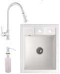NERO Gránit Mosogató NERO Parma + Kihúzható Zuhanyfejes Snake Csaptelep + Adagoló + Szifon Fehér