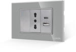 Luxion Intrerupator Simplu + Priza Ingusta si USB A+C cu Rama din Sticla LUXION, Standard Italian, 3M - culoare gri