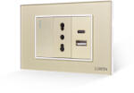 Luxion Intrerupator Simplu + Priza Ingusta si USB A+C cu Rama din Sticla LUXION, Standard Italian, 3M - culoare auriu