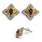  Cercei Safir Albastru oval fatetat 13x13x15 mm Argint 925 Aurit pentru eleganta clasica - 1 pereche