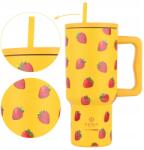 Estia Home Art Nagy Termo Bögre Szívószállal 900 ML sárga, eper mintás, melegen tart (01-32029)