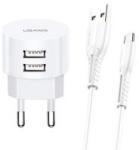 USAMS T20 hálózati töltő 2 USB aljzat (10W, gyorstöltő + microUSB kábel) FEHÉR (132087)