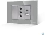 Luxion Intrerupator Simplu Cap Scara + Priza Ingusta si USB A+C cu Rama din Sticla LUXION, Standard Italian, 3M - culoare gri