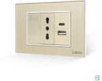 Luxion Intrerupator Simplu Cap Scara + Priza Ingusta si USB A+C cu Rama din Sticla LUXION, Standard Italian, 3M - culoare auriu