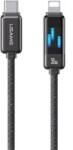USAMS METEOR adatkábel (Type-C - lightning, 30W, PD gyorstöltő, cipőfűző, LED kijelző, 120cm) FEKETE (164411)