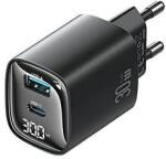 USAMS CC229 hálózati töltő USB+Type-C aljzat (30W, GaN, PD gyorstöltő, LED kijelző) FEKETE (160654)