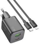 hoco. N41 hálózati töltő USB+Type-C aljzat (20W, GaN, PD gyorstöltő 3.0 + lightning kábel) FEKETE (159278)
