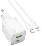 hoco. N41 hálózati töltő USB+Type-C aljzat (20W, GaN, PD gyorstöltő 3.0 + lightning kábel) FEHÉR