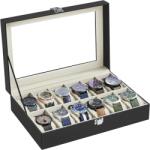 SONGMICS Óradoboz üvegfedéllel, 20, 2 x 30, 2 x 7, 8 cm, fekete műbőr, bézs bélés (JWB12BE)
