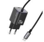 USAMS JC MINI hálózati töltő Type-C aljzat (20W, PD gyorstöltő, GaN + fix Type-C kábel) FEKETE (168918)