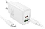 hoco. N63 hálózati töltő USB+Type-C aljzat (30W, PD gyorstöltő 3.0 + Type-C kábel) FEHÉR