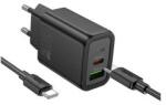 hoco. N63 hálózati töltő USB+Type-C aljzat (30W, PD gyorstöltő 3.0 + Type-C kábel) FEKETE