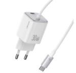 USAMS JC MINI hálózati töltő Type-C aljzat (30W, PD gyorstöltő, GaN + fix Type-C kábel) FEHÉR