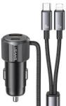 USAMS autós töltő USB+Type-C aljzat (66W, PD gyorstöltő + fix Type-C - lightning kábel) FEKETE