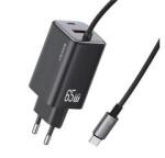 USAMS JC hálózati töltő Type-C aljzat (65W, PD gyorstöltő, GaN + fix Type-C kábel) FEKETE (168916)