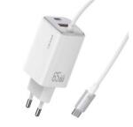 USAMS JC hálózati töltő Type-C aljzat (66W, PD gyorstöltő, GaN + fix Type-C kábel) FEHÉR