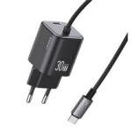 USAMS JC MINI hálózati töltő Type-C aljzat (30W, PD gyorstöltő, GaN + fix Type-C kábel) FEKETE