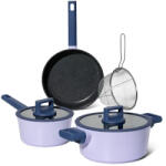 Just Perfecto Set de cratite, cos de prajit si tigaie Just Perfecto JL-330, 6 piese, Acoperire din marmura, Inductie, Capac din sticla cu orificiu pentru abur, Violet/albastru (JL-330)