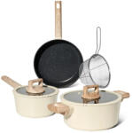 Just Perfecto Set cratite, cos de prajit si tigaie Just Perfecto JL-331, 6 piese, Acoperire marmura, Inductie, Capac din sticla cu orificiu pentru abur, Bej (JL-331)